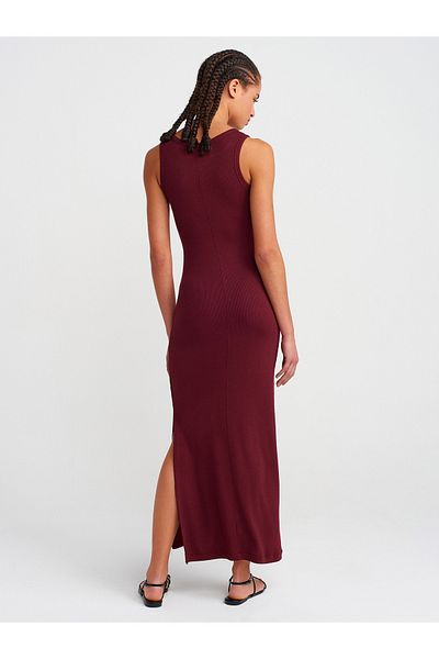 Dilvin 91381 Slit Detailed Midi Dress-Burgundy