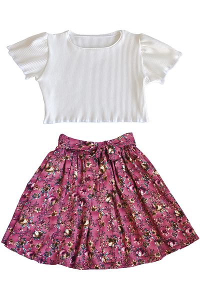 MODA59 Ribbed Ecru Color Modal Cotton Crop and Viscose Floral Skirt Set