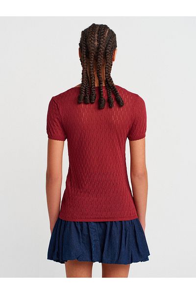 Dilvin 10730 Open Crew Neck Openwork Bow Detailed Thin Knitwear Blouse-Burgundy