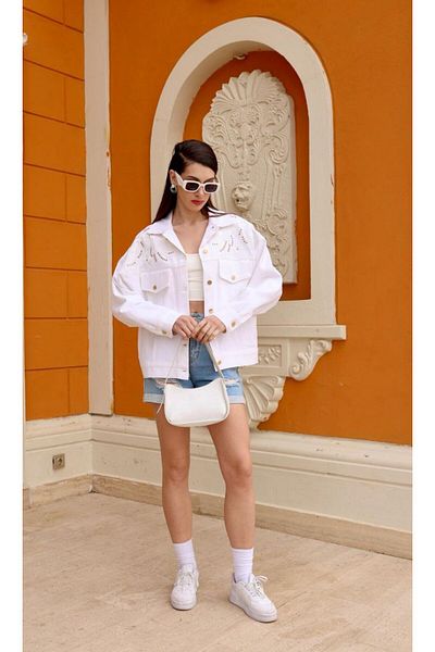 msendam Jachetă de damă din denim din țesătură premium din gabardină cu design brodat