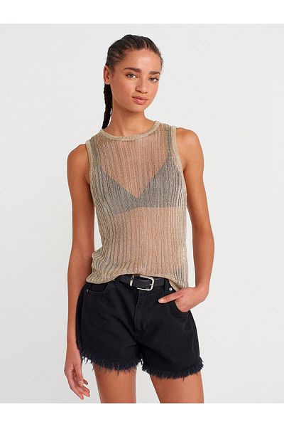 Dilvin 10727 Crew Neck Transparent Knitwear Blouse-Light Gold