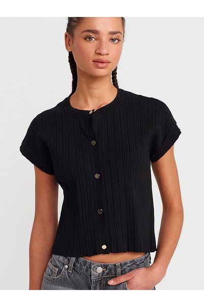 Dilvin 60968 Crew Neck Corded Buttoned Knitwear Cardigan-Black