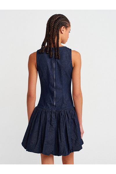 Dilvin 90548 Balloon Mini Denim Dress-Navy Blue