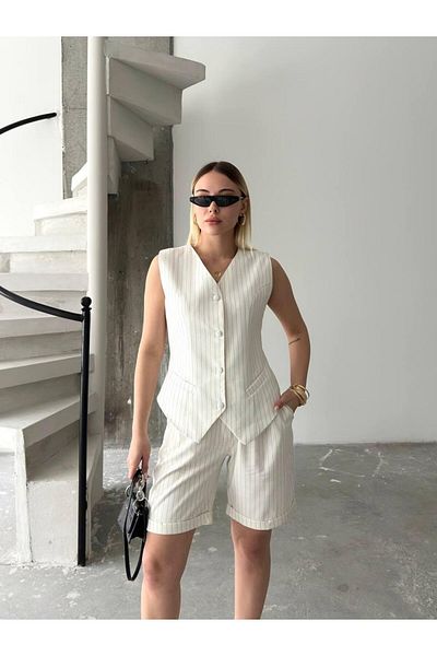 LE CARAMBOLE Women's Ecru Buttoned Front Striped Vest-Shorts Double Set