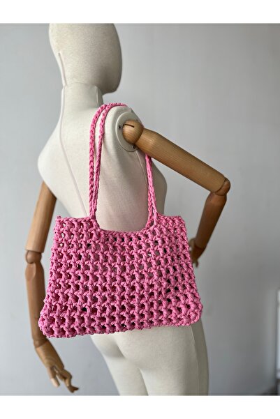 byEliffs 33X24Cm Hand Knitted Design Mesh Bag Shoulder Bag with Inner Pouch