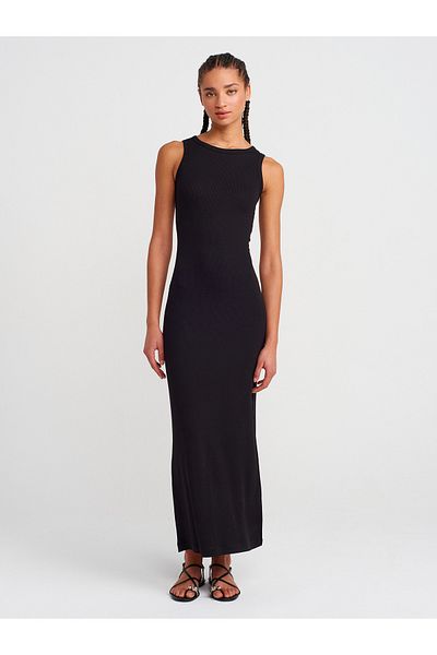 Dilvin 91381 Slit Detailed Midi Dress-Black
