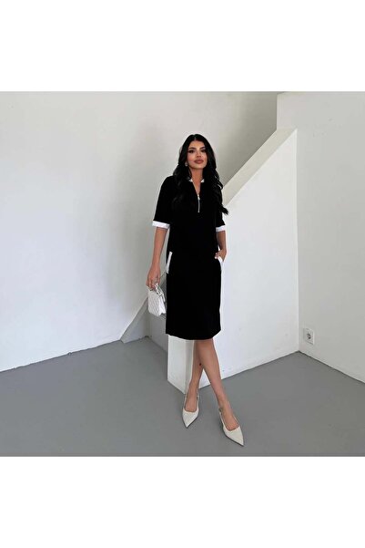 Asil Kolları Ve Cebi Detaylı Yırtmaçlı Yarım Fermuarlı Şık Midi Elbise