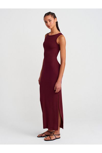 Dilvin 91381 Slit Detailed Midi Dress-Burgundy