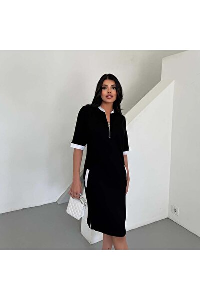 Asil Kolları Ve Cebi Detaylı Yırtmaçlı Yarım Fermuarlı Şık Midi Elbise