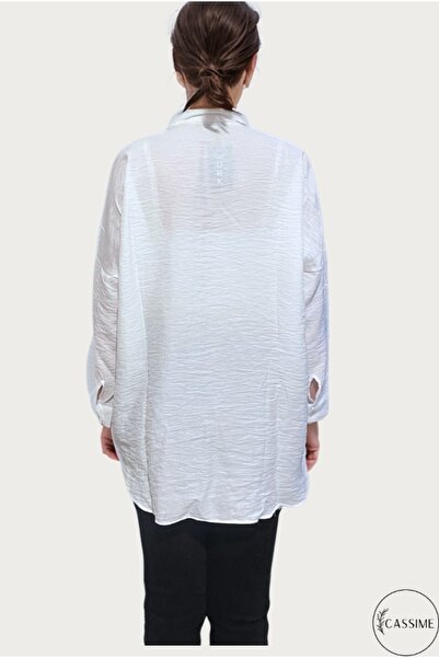 Cassime Women's Oversize Ecru Peacock Flower Embroidered and Embroidered Buttoned Ayrobin Shirt