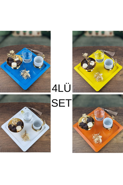 USF Çay, Pasta , Kahve Ve Sunum Tepsisi Dekoratif Metal Sunum Tepsisi 4'lü Renkli Set