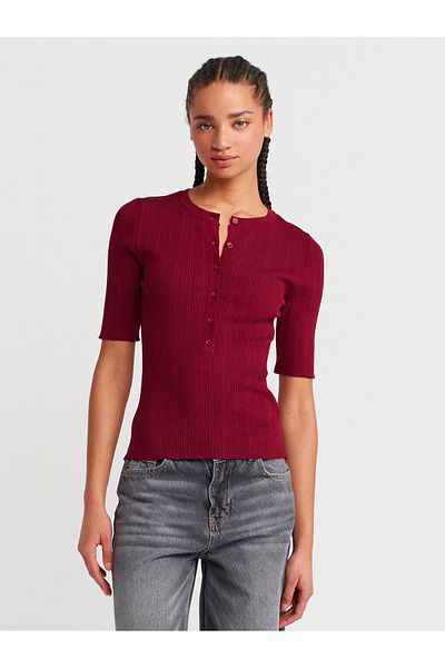 Dilvin 10731 Crew Neck Ribbed Buttoned Slim Knitwear Blouse-Claret Red