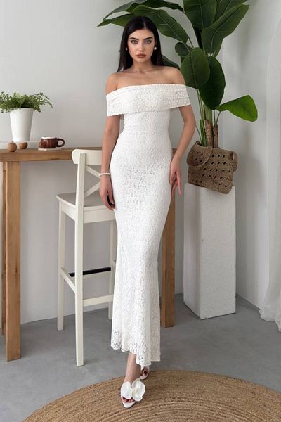 lovebox Women's Lined Lace Fabric Strapless Neckline Sleeveless Fish Cut White Lace Evening Dress 367