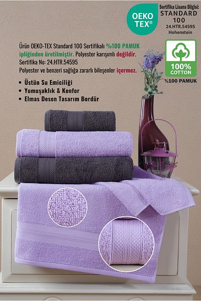 Ellaline Σετ πετσετών μπάνιου Anthracite Lilac 4 τεμαχίων - 100% βαμβάκι, μπορντούρα με διαμάντι 50x80-70x130cm