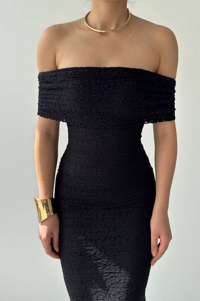 bayansepeti Lined Lace Dress - Strapless Neckline Sleeveless Black Engagement Dress (Size: 367)