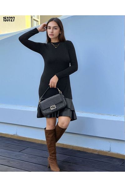 Cbm Women's Long Sleeve Crew Neck Top Viscose Hem Leather Short Dress