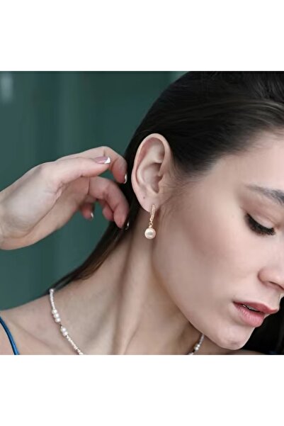 HOBİSY GIFT SHOP Antiallergic Gold Steel Pearl Earrings – Complete Your Elegance with Zircon Sparkle 10mm Pearl