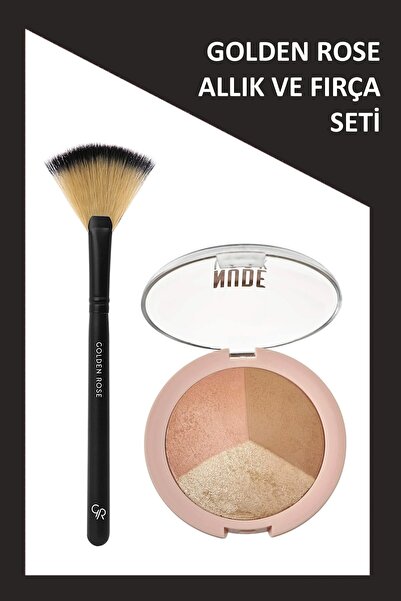 Golden Rose Fan Brush - Yelpaze Fırça ve Nude Look Baked Trio Face Powder - A...