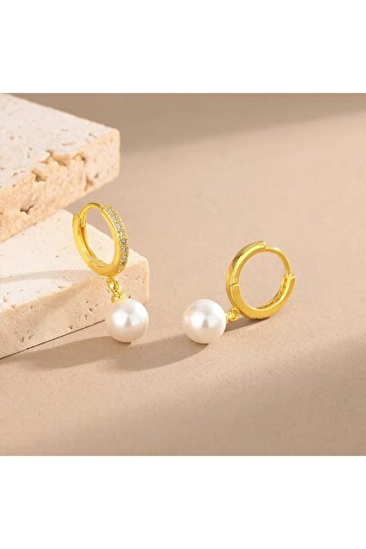 HOBİSY GIFT SHOP Antiallergic Gold Steel Pearl Earrings – Complete Your Elegance with Zircon Sparkle 10mm Pearl