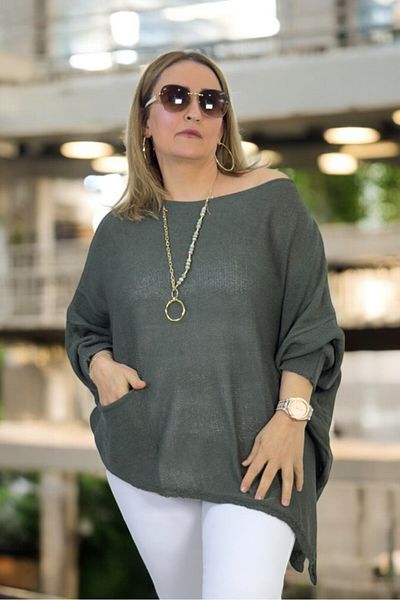 yagmurberen Madonna Collar Asymmetric Cut Slit Detail Pocket Plus Size Italian Mercerized Bluz Sweater.