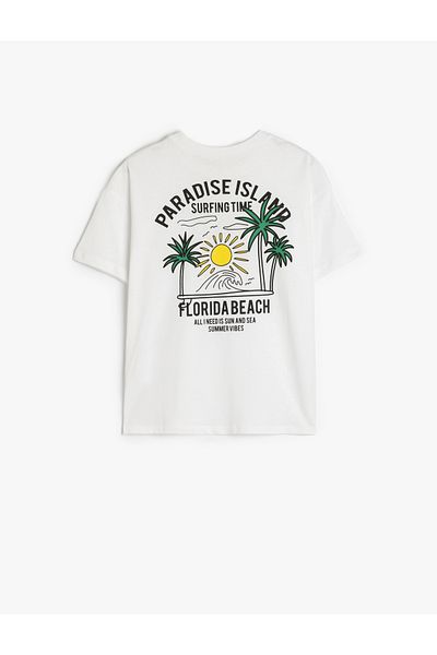 Koton Crew Neck Short Sleeve Florida Printed Cotton T-Shirt