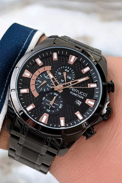 Ferrucci Function Men's Wristwatch - Black Steel Band & Case, 3 Atm Bracelet Gift Zmfer087