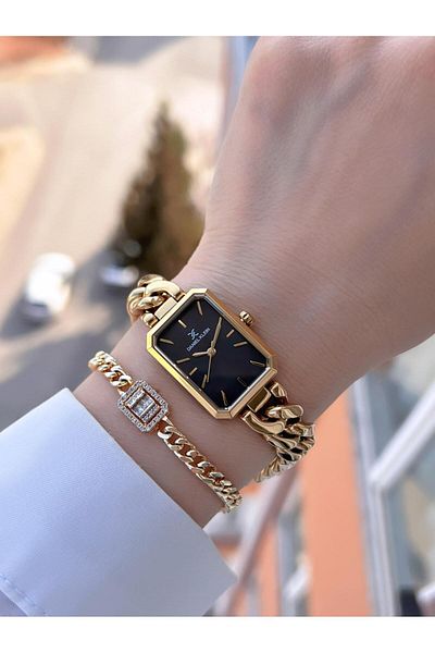 Daniel Klein Gold Steel Cord with Yellow Chain Black Tar Water Resistant Women Wristwatch
