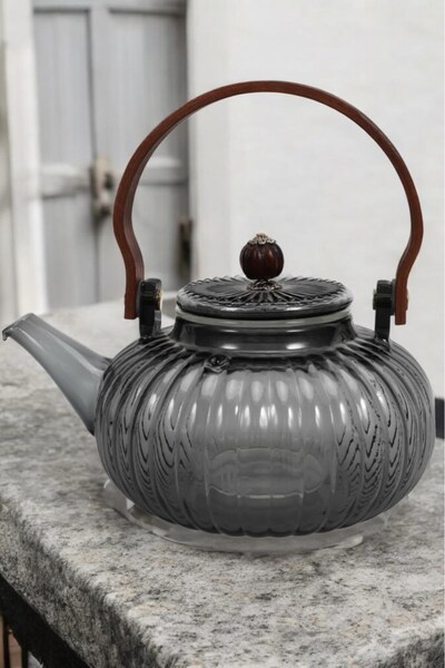 morponi Borosilikat Cam Bambu Saplı Cam Süzgeçli ve Cam Kapaklı Bitki Çayı De...