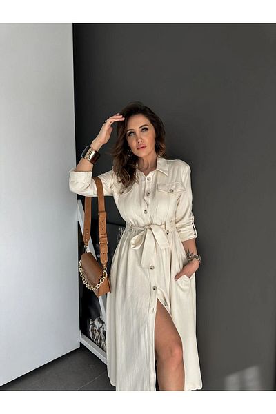 QİMYA BUTİK EXOTIC ASORTIC Women's Cuffed Full Button Safari Shirt Dress
