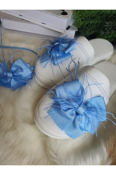 Fiyonks Atölye Blue Bow Feather Mother Maternity Slippers Crown Maternity Set Newborn Set