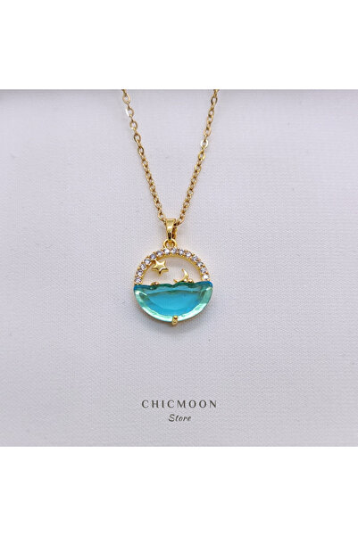 CHICMOON STORE قلادة من الفولاذ باللون الذهبي على شكل البحر والقمر