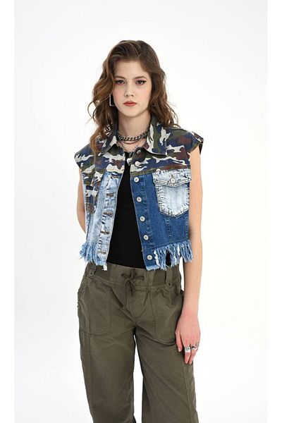 İLKCET MODA التمويه الجينز التفاصيل المحاصيل سترة المرأة