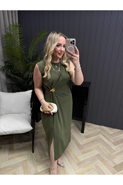 Byelifdursun Loye Gold Detaylı Drapeli Elbise Haki