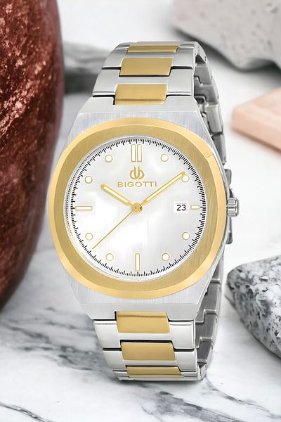 Bigotti Men's Wristwatch Bg.1.10164.2 - Silver-Gold Color, Steel Case and Cord Bracelet Gift Zmb010
