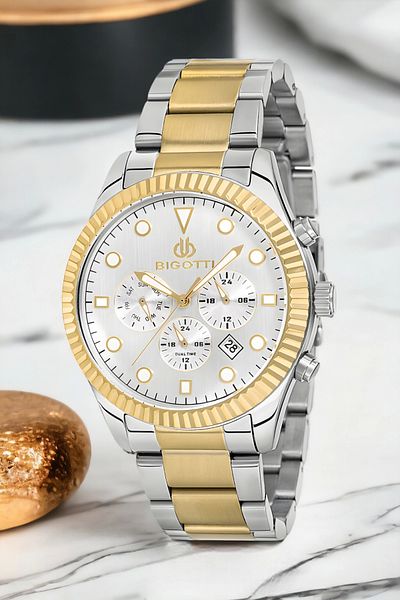 Bigotti Men's Function Wristwatch Bg.1.10280.5 - Silver/Gold Color, Steel Case and Cord Bracelet Gift