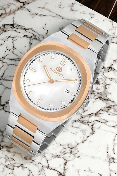 Bigotti Men's Silver-Rose Colored Wristwatch - Steel Case and Cord Bracelet Zmb010