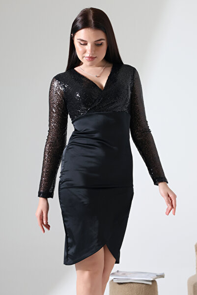 Mois Atelier Siyah Saten Pul Payet Kruvaze Yaka Anvelop Mini Etek Abiye Elbise Tasarım Hediye Büyük Beden