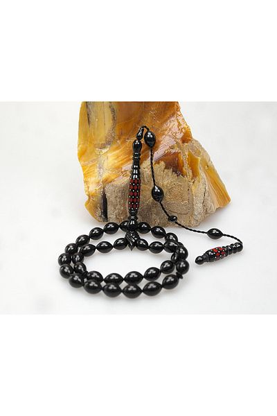 Skygo Oltu Stone Carved İmame and Red Enamel Processing Plain Rosary