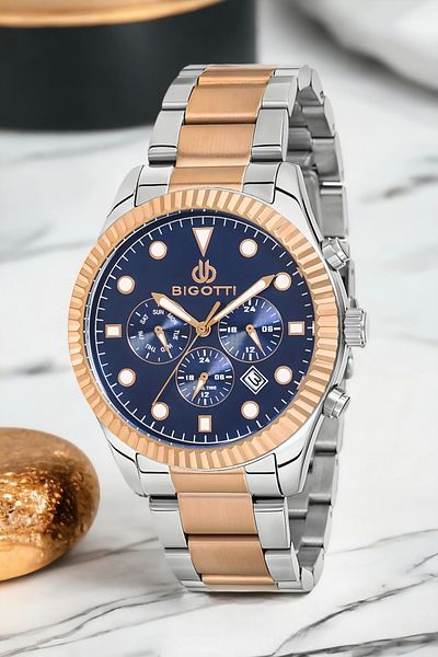 Bigotti Bg.1.10280.4 Men's Function Wristwatch - Silver/Rose Color, Steel Case and Cord Bracelet Gift