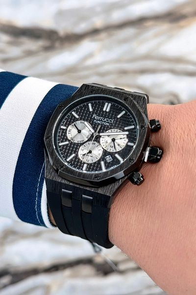 Ferrucci Black Silicone Cord Steel Case Function Men's Wristwatch Bracelet Zmfer077