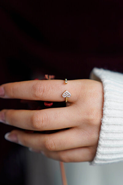 TREND COLLECTİON Rhinestone Heart Design Adjustable Gold Women Ring