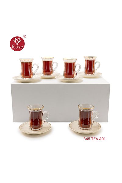 Rose RS345-طقم شاي روز مكون من 6 فناجين شاي زجاجية شفافة و6 صحون مصنوع من السيراميك بنقوش عصرية مميزة