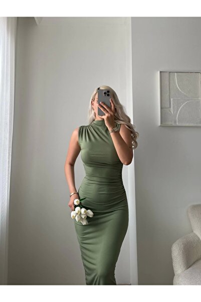 Zora Butik Arka Yırtmaç Drapeli Elbise - YEŞİL