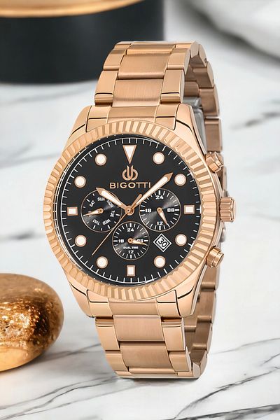 Bigotti Men's Function Wristwatch - Rose Color, Steel Case & Cord Bracelet, Gift Zmb011