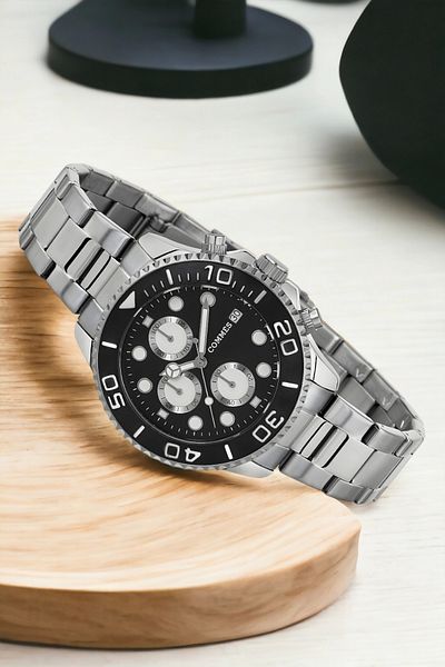 COMMES men's Wristwatch - Steel Cord, with Calendar, Silver-black Color, Bracelet Zmcms035