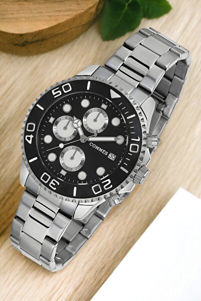 COMMES Takvimli Çelik Kordon Erkek Kol Saati Gümüş-siyah Renk Bileklik Zmcms035