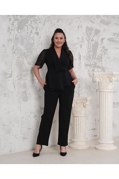 Butik Nilyam Women's Plus Size Double Breasted Collar Stone Detailed Jacket Front Piece Chiffon Sleeve Evening Dress Suit 24725