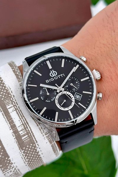 Bigotti Milano Luxury Men's Wristwatch Black Leather Strap Steel Case Functions Active Zmb003