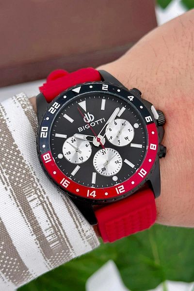 Bigotti Milano Luxury Men's Wristwatch Red Silicone Strap Steel Case Functions Active Zmb005