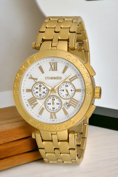 COMMES Çelik Kordon Erkek Kol Saati Full Fonksiyon Crono Gold-beyaz Renk Bileklik Zmcms031